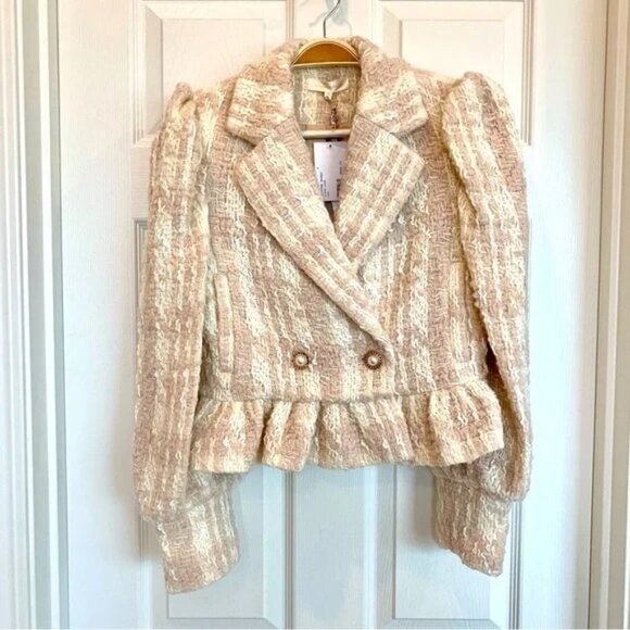 [🌟 PRICE FIRM] LoveShackFancy Puff-Shoulder Houndstooth Boucle Tweed Jacket - Picture 3 of 15